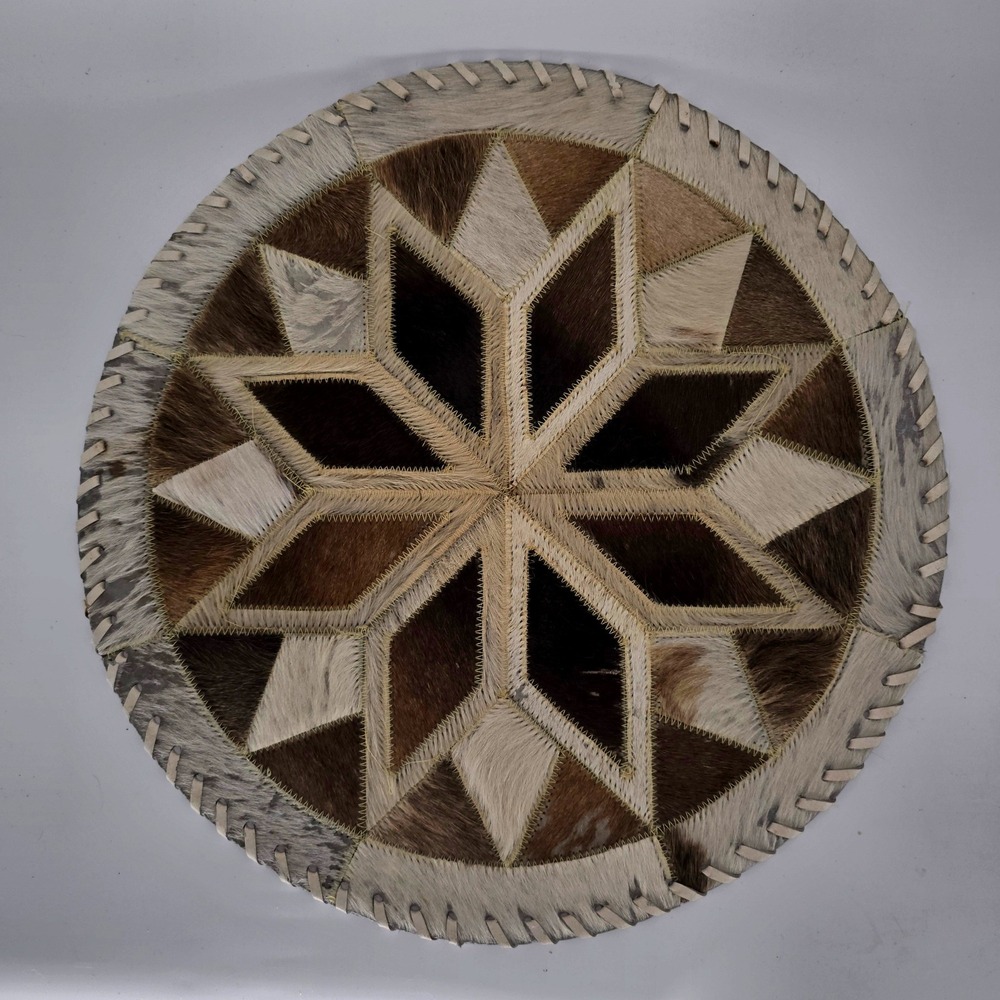 Vintage Cowhide Patchwork Star Placemat Round Hair on Hide Rug Centerpiece 15.5"